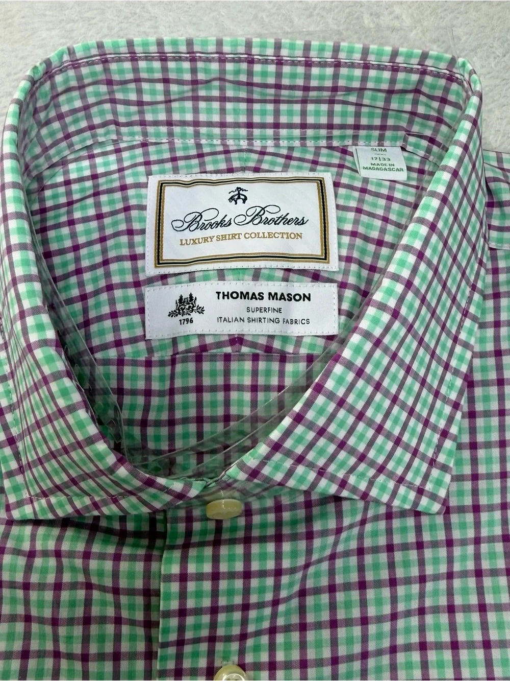 Brooks Brothers Thomas Mason Purple Green Check Dress Shirt NWT 17/33 Slim Fit